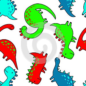 Seamless pattern with cute dinosaur in outline sketchy style. Funny cartoon dino. Hand drawn vector doodle for kids