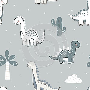 Seamless pattern with cute dinosaur in pastel colors