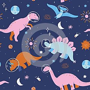 Seamless pattern with cute dinosaurs in space. Vector graphics