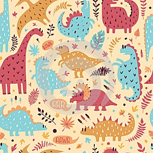 Seamless pattern of cute dinosaurs with tropical leaves. Hand drawn vector illustration. Cute dino design for kids.