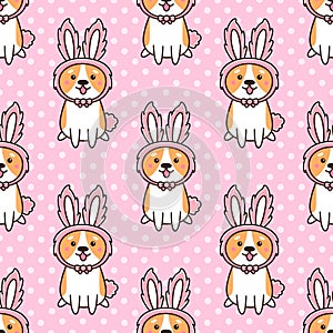 Seamless pattern with cute dog breed welsh corgi in a hat bunny ears, on a pink background with white dots.