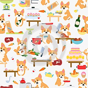 Seamless pattern. Cute dog corgi cooks are cooking in the kitchen. Baking cakes and pastries, cooking vegetables and meat.