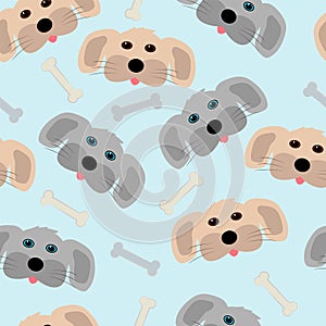 Seamless pattern of cute dog faces and bones on a gentle blue background. Vector illustration. Baby Wallpaper background
