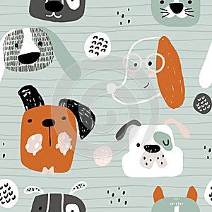 Seamless pattern with cute dog faces, and hand drawn elements. Creative childish texture in scandinavian style. Great for fabric,