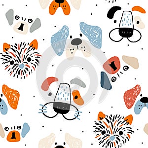 Seamless pattern with cute dog faces, and hand drawn elements. Creative childish texture in scandinavian style. Great for fabric,