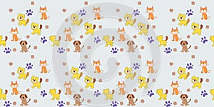 Seamless pattern with cute dogs and cats. Created with AI. On a gray background