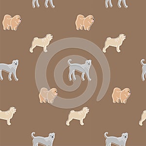 Seamless pattern of cute dogs chow-chow, pug, sharpey with a contour in the cartoon style