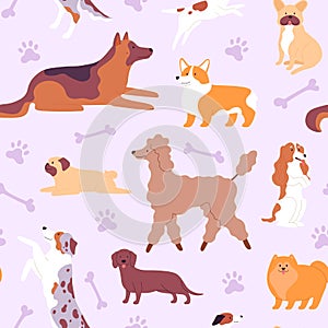 Seamless pattern with cute dogs and puppies in scandinavian style. Print with doodle poodle, pug, corgi and german
