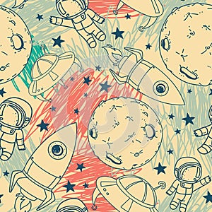 Seamless pattern with cute doodle astronauts, planets, rockets and stars