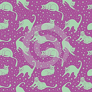 Seamless pattern, cute doodle cats in everyday poses, playing in the lilac space among the stars, vector illustration