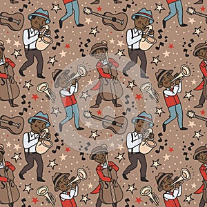 Seamless pattern with cute doodle musicians in 1920's style