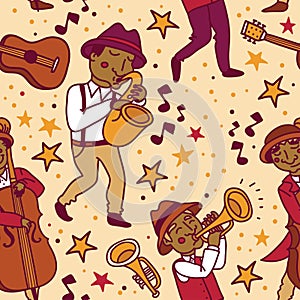 Seamless pattern with cute doodle musicians in 1920's style