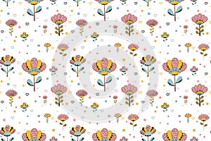 Seamless pattern of cute doodles of abstract flowers in the Scandinavian style, contour hearts and circles on a white background.
