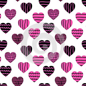 Seamless pattern of cute drawn hearts. Gentle romantic background for Valentine`s Day. Suitable for fabric, wallpaper, wrapping pa