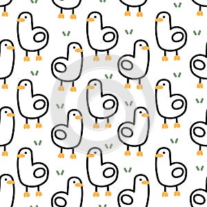 Seamless pattern of cute duck stand on grass white background.Farm animal