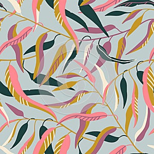 Seamless pattern with cute Eucalyptus tree branches with green and pink leaves on the grey background. Vector illustration.
