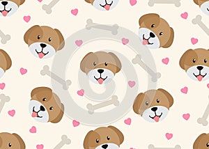 Seamless pattern of cute face dog with dog bone and heart shape background