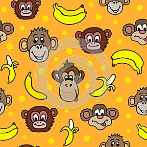 Seamless pattern with cute faces of monkeys and bananas.