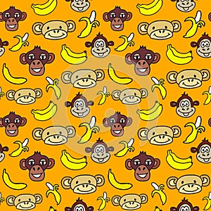 Seamless pattern with cute faces of monkeys and bananas.