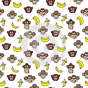 Seamless pattern with cute faces of monkeys and bananas. Kids background.