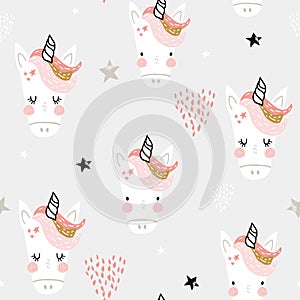 Seamless pattern with cute fairy unicorns heads. Creative childish background. Perfect for kids apparel,fabric, textile, nursery