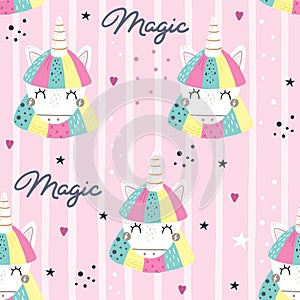 Seamless pattern with cute fairy unicorns heads. Perfect for kids apparel,fabric, textile, nursery decoration,wrapping paper.