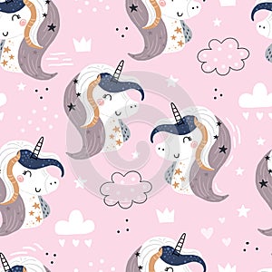 Seamless pattern with cute fairy unicorns heads. Perfect for kids apparel,fabric, textile, nursery decoration,wrapping paper.