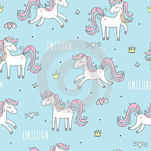 Seamless pattern with cute fairy unicorns. Perfect for kids apparel,fabric, textile, nursery decoration,wrapping paper.Vector photo