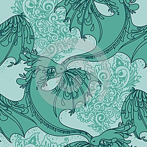 Seamless pattern with cute fantasy dragons