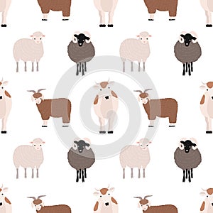 Seamless pattern with cute farm animals on white background. Backdrop with domestic livestock - cow, goat, sheep, ram