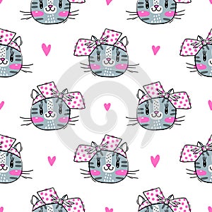 Seamless pattern with cute fase of cats and bows. Fashion kawaii kitty. Vector illustration