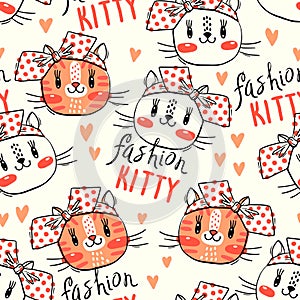 Seamless pattern with cute fase of cats and bows. Fashion kawaii kitty. Vector illustration