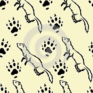 Seamless pattern with cute ferrets and their footprints on a yellow background. Design for wallpaper, textiles