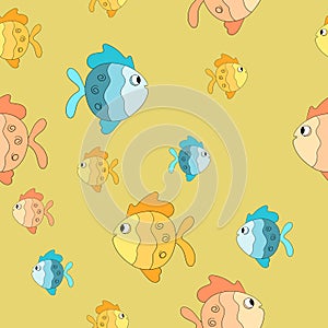 Seamless pattern with cute fish on color background. Vector cartoon animals colorful illustration. Adorable character