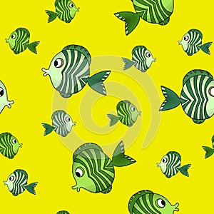 Seamless pattern with cute fish on yellow background. Vector cartoon animals colorful illustration. Adorable character for cards.