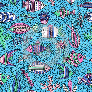 Seamless pattern with cute fishes and seaweeds