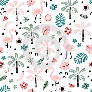 Seamless pattern with cute flamingo