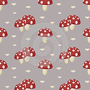 Seamless pattern, cute fly agarics and chamomile flowers on a gray background.