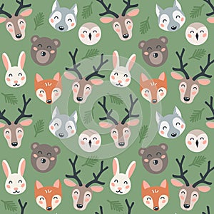 Seamless pattern with cute forest animal head on green background. Cartoon flat design for nursery, print, textile.