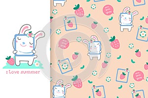 Seamless pattern with cute forest animals in bright colors. Cartoon japanese kawaii style for fabric, background. Vector