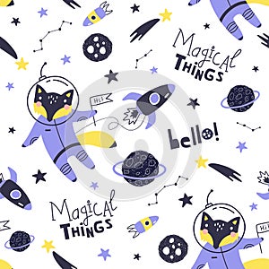 Seamless pattern with cute fox astronaut, planets, stars and comets. Space Background for Kids. Vector