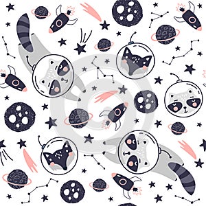 Seamless pattern with cute fox astronaut, raccoon, planets, stars and comets. Space Background for Kids. Animals in outer space