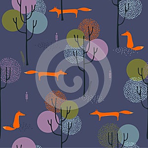 Seamless pattern cute Fox with autumn forest.Vector illustration of an abstract background of a forest landscape