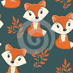 Seamless pattern with cute fox baby on color background. Funny forest animals. Card, postcards for kids. Flat vector