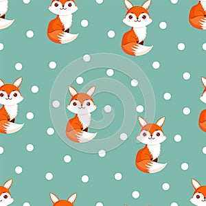 Seamless pattern with cute fox and decorative polka dots. Texture with animals for textiles, wallpaper or print design