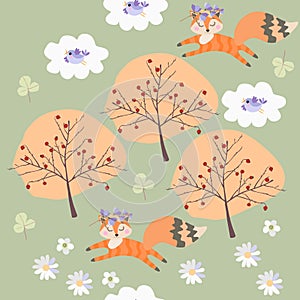 Seamless pattern with cute foxes and birds in forest among trees and flowers. Wonderful vector illustration
