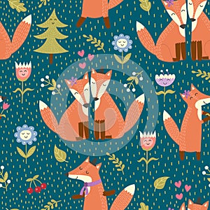 Seamless pattern with cute foxes in the woods. Vector forest texture