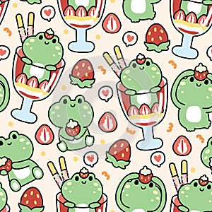 Seamless pattern of cute frog with strawberry ice cream background.Reptile