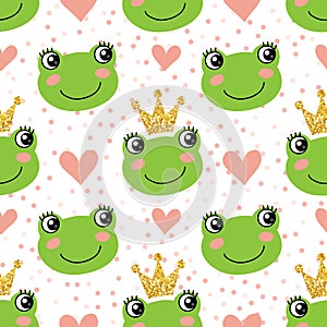 Seamless pattern with cute frogs and crowns