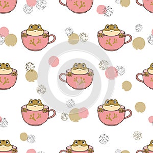 Seamless pattern with cute frogs in cups. Vector illustration with cartoon toads